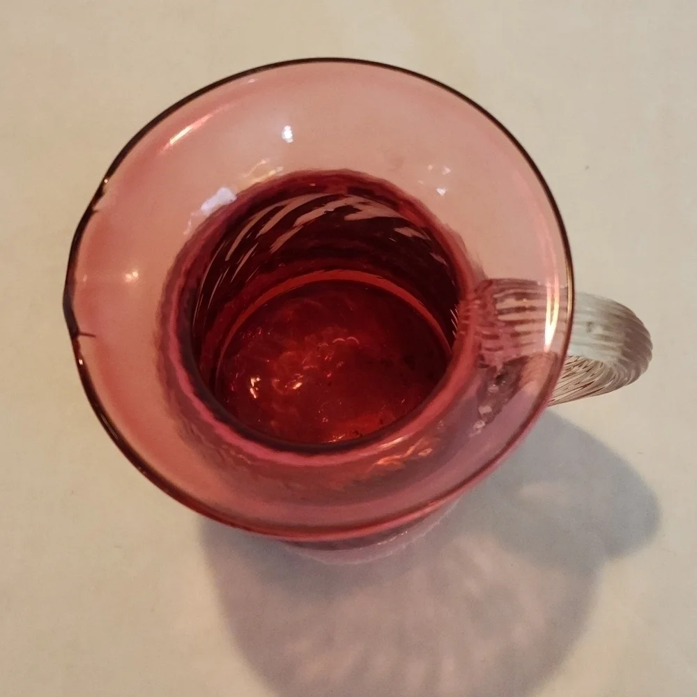 Hand Blown Cramberry Glass Creamer Syrup Pink Small Pitcher Swirl Optic